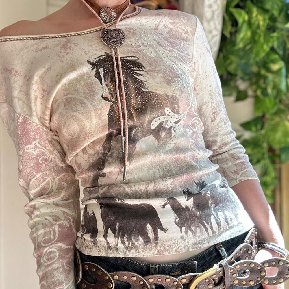 Vintage Cactus Bay Y2K Horse Graphic Top Womens L Western Rhinestone Bling USA